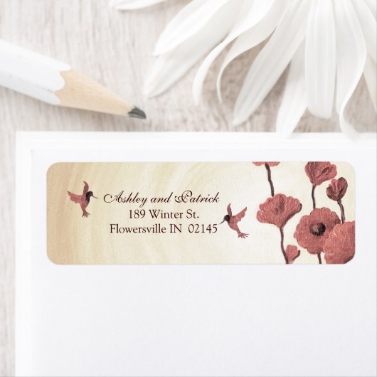 Liefde kolibries en geschilderde rode bloemen etiket (Insitu)