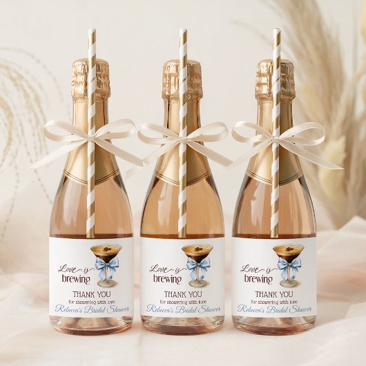 Liefde komt tot leven Blue Bow Coffee Bruidsdouche Sparkling Wijnetiket