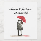 Liefde koppel met etiket rode paraplu-wijnfles (Enkel label)