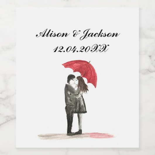 Liefde koppel met etiket rode paraplu-wijnfles (Enkel label)