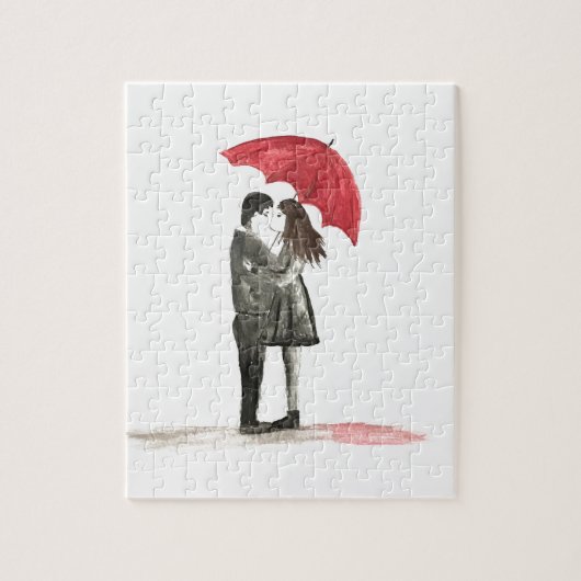 Liefde koppel met rode paraplu legpuzzel (Verticaal)