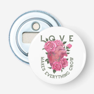 Liefde laat alles groeien – Romantische Bloemenkun Button Flesopener