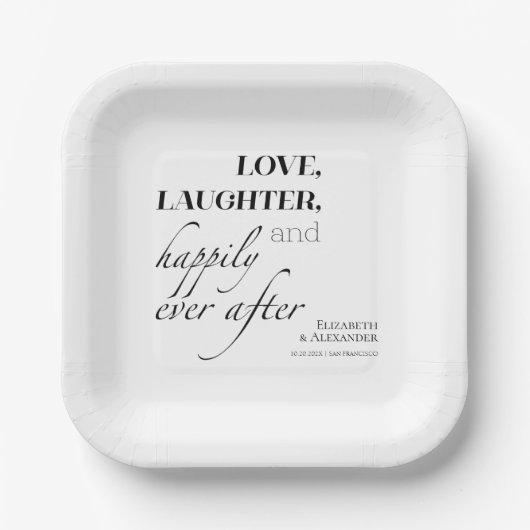 Liefde, lachen, en gelukkig ooit na bruiloft papieren bordje (Voorkant)