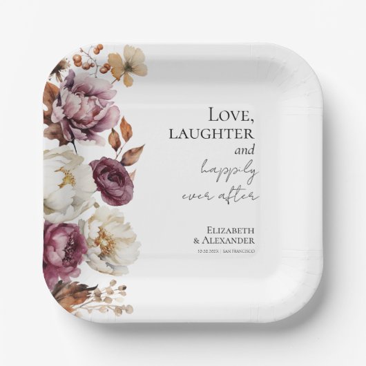 Liefde, lachen, en gelukkig ooit na bruiloft papieren bordje (Voorkant)