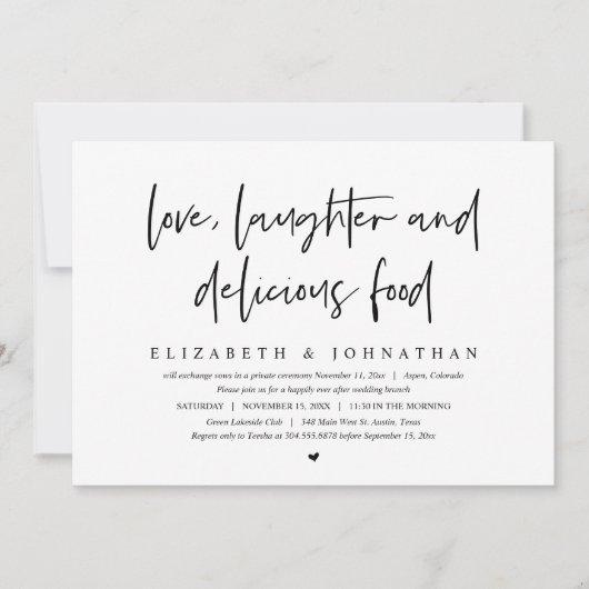 Liefde, Lachen en Heerlijk Eten Elopement Brunch Kaart (Voorkant)