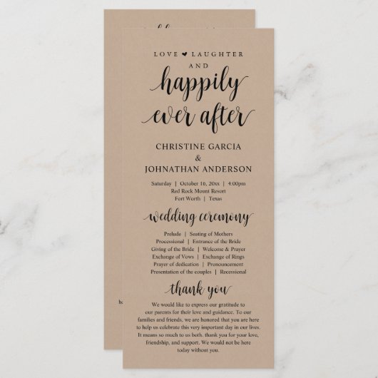 Liefde lachen, gelukkig ooit daarna, Wedding Cerem Programmakaart (Voorkant / Achterkant)