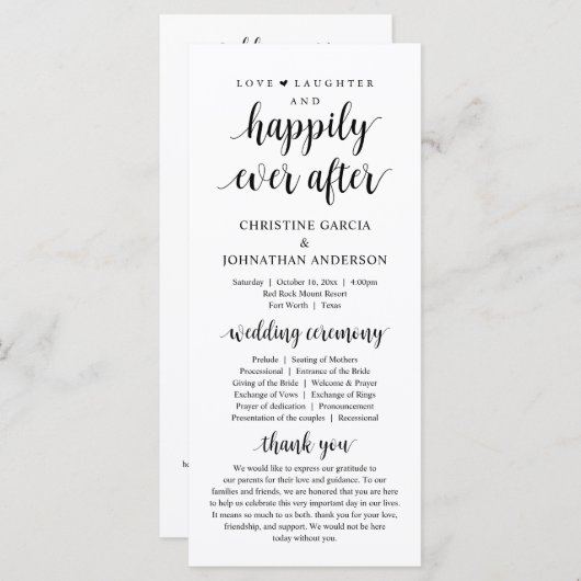 Liefde lachen, gelukkig ooit daarna, Wedding Cerem Programmakaart (Voorkant / Achterkant)