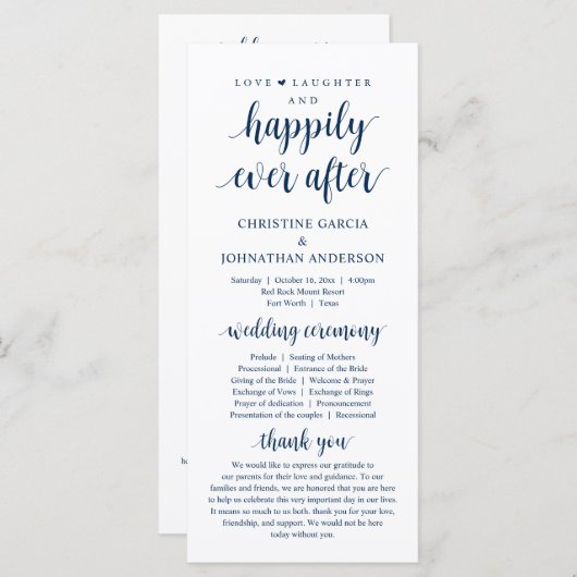 Liefde lachen, gelukkig ooit daarna, Wedding Cerem Programmakaart (Voorkant / Achterkant)