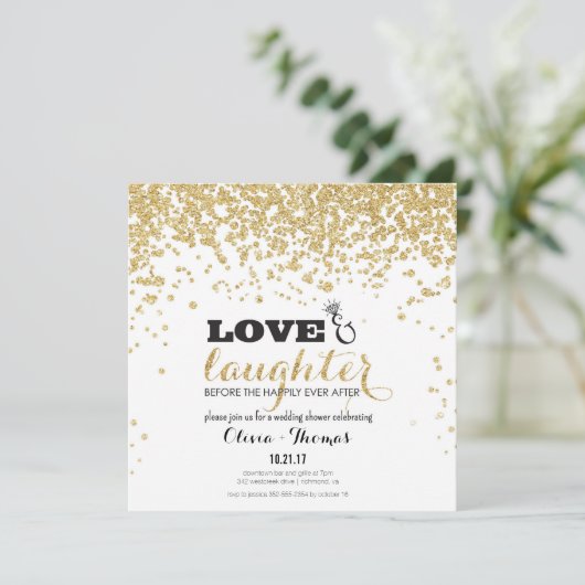 Liefde & Lachen Gouden Glitter Trouwdouche Uitnodi Kaart (Staand voorkant)