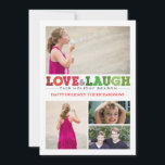 Liefde & Laugh x4 Feestdagenkaart<br><div class="desc">Showcase vier van je favoriete foto's met deze eenvoudige kaart van PiPo Press. Het is ontworpen met een leuk handgeschreven krijtlettertype in verschillende tinten rood en groen en geeft een geïnspireerde boodschap over "Love & Laugh". Wens je vrienden en familie prettige feestdagen dit seizoen met gedachten over lach en liefde....</div>