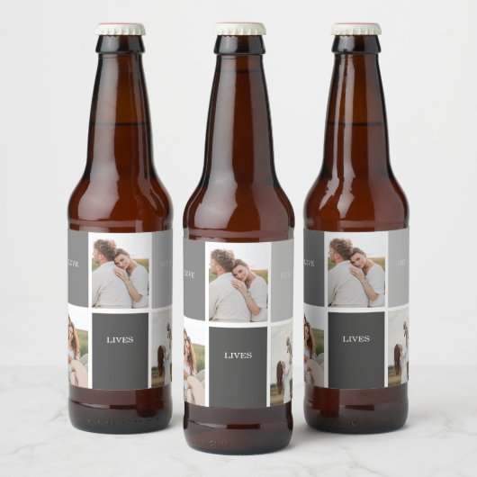 Liefde leeft hier | Drie foto familie cadeau Bier Etiket (Flessen)