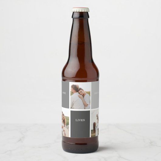 Liefde leeft hier | Drie foto familie cadeau Bier Etiket (Voorkant)