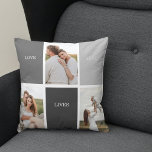 Liefde leeft hier | Drie foto familie cadeau Kussen<br><div class="desc">Presenteren van een hartverwarmend en gepersonaliseerd geschenk dat de essentie van het gezin viert, met een prachtig grijs lijst versierd met een ontroerend citaat van "Love Lives Here" en drie gekoesterde foto's. Elke keer als de ontvanger een glimp opvangt van dit opmerkelijke geschenk, zal hun hart gevuld zijn met dierbare...</div>