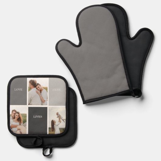 Liefde leeft hier | Drie foto familie cadeau Ovenwant & Pannenlap Set (Voorkant / Achterkant)