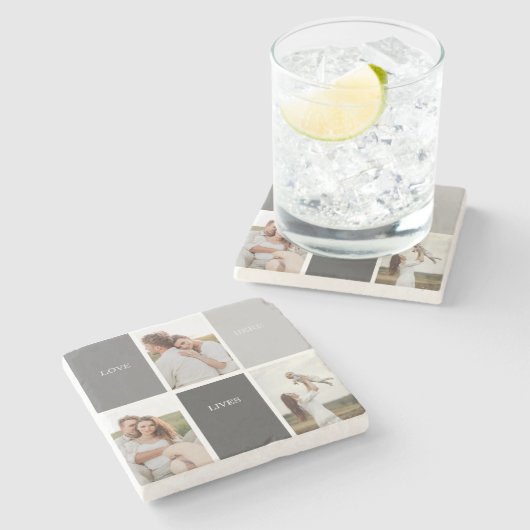 Liefde leeft hier | Drie foto familie cadeau Stenen Onderzetter (Zijkant)