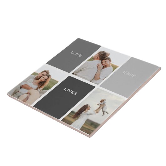 Liefde leeft hier | Drie foto familie cadeau Tegeltje (Zijkant)