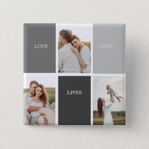 Liefde leeft hier   Drie foto familie cadeau Vierkante Button 5,1 Cm