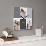 Liefde leeft hier | Drie foto familie cadeau Vierkante Klok<br><div class="desc">Presenteren van een hartverwarmend en gepersonaliseerd geschenk dat de essentie van het gezin viert, met een prachtig grijs lijst versierd met een ontroerend citaat van "Love Lives Here" en drie gekoesterde foto's. Elke keer als de ontvanger een glimp opvangt van dit opmerkelijke geschenk, zal hun hart gevuld zijn met dierbare...</div>