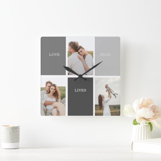 Liefde leeft hier | Drie foto familie cadeau Vierkante Klok (Huis)
