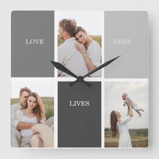 Liefde leeft hier | Drie foto familie cadeau Vierkante Klok (Voorkant)