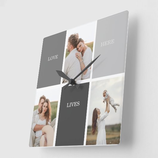 Liefde leeft hier | Drie foto familie cadeau Vierkante Klok (Hoek)