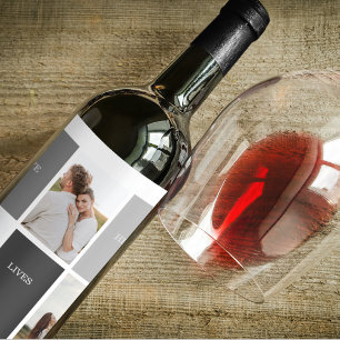 Liefde leeft hier   Drie foto familie cadeau Wijn Etiket