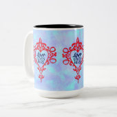 Liefde leeft hier, handgetekende bevestiging tweekleurige koffiemok (Voorkant links)