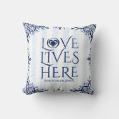 Liefde leeft hier in een marineblauw Lijst en hart Kussen (Voorkant)