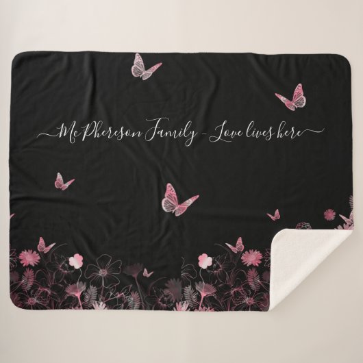 Liefde leeft hier Vloeiend veld met vlinders Sherpa Deken (Voorkant (horizontaal))
