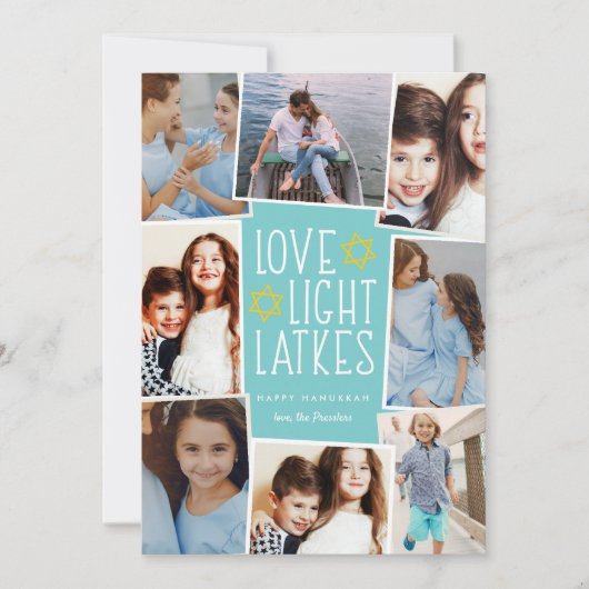 Liefde, licht en latkes | Hanukkah Photo Collage Feestdagenkaart (Voorkant)