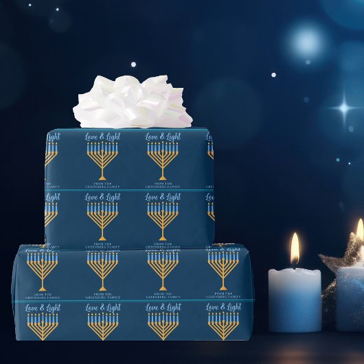 Liefde & Lichtblauw Goud Menorah Chanoeka Party Cadeaupapier