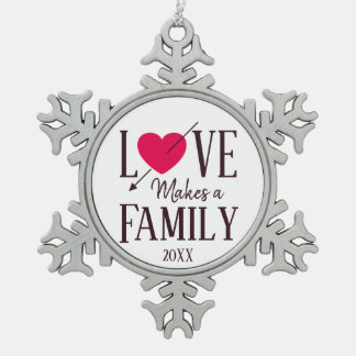 Liefde maakt een gezin, adoptietoeslagen tin sneeuwvlok ornament