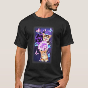 Liefde Magische Corgi Paarse Rozen Bloem Vlinder T-shirt