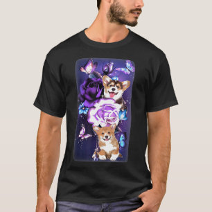 Liefde Magische Corgi Paarse Rozen Bloem Vlinder T-shirt