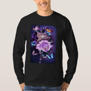 Liefde Magische Kat Paarse Rozen Bloem Vlinder T-shirt
