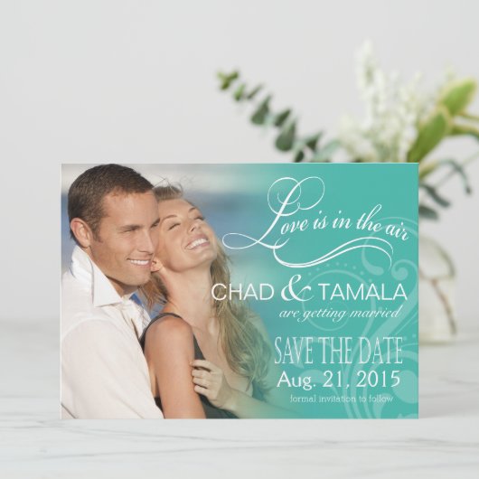 Liefde maisfoto slaat de datum op | aqua save the date (Staand voorkant)