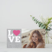 Liefde met een helder roze hart en zilver Glitter Feestdagenkaart (Staand voorkant)