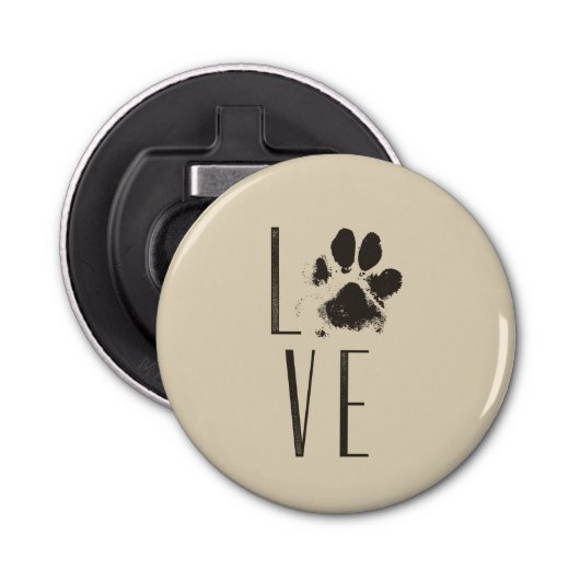 Liefde met Pet Paw Print Brown Grunge Typografie Button Flesopener (Voorkant)