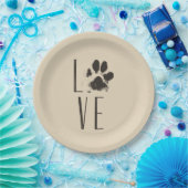Liefde met Pet Paw Print Brown Grunge Typografie Papieren Bordje (Feest)