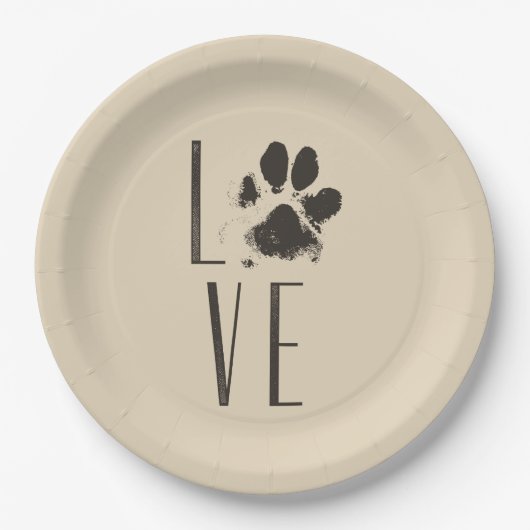Liefde met Pet Paw Print Brown Grunge Typografie Papieren Bordje (Voorkant)