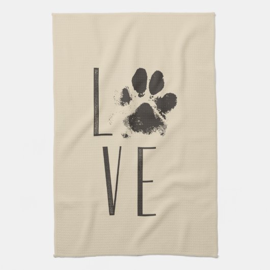 Liefde met Pet Paw Print Brown Grunge Typografie Theedoek (Verticaal)