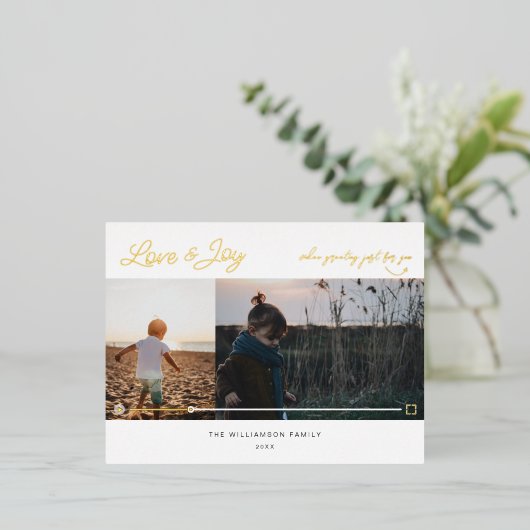 Liefde & minimaal 2 foto QR Code Video Bericht Folie Feestdagen Briefkaart (Staand Voorkant)