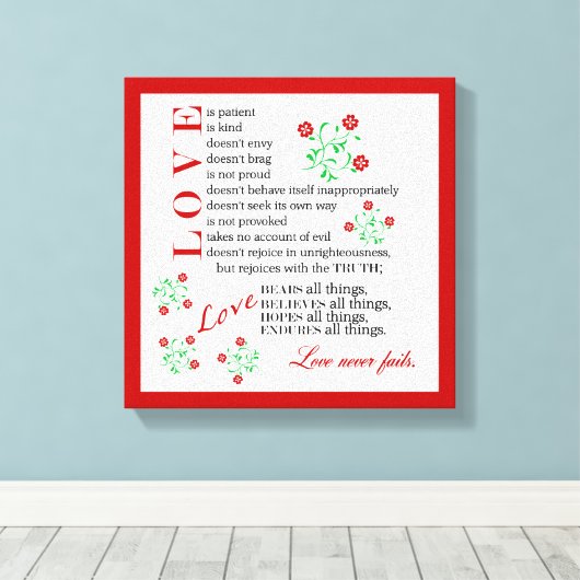 Liefde mislukt nooit | 1 Korintiërs 13 4-8 Canvas Afdruk (Insitu (Houten vloer))