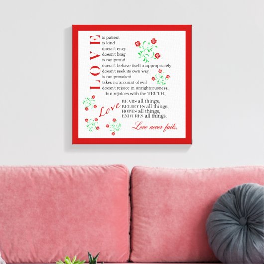 Liefde mislukt nooit | 1 Korintiërs 13 4-8 Canvas Afdruk (Insitu (Woonkamer))