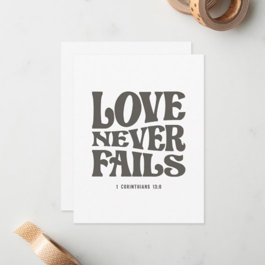 Liefde mislukt nooit 1 Korintiërs 13:8 Bijbelvers Notitiekaartje (Voorkant / Achterkant in situ)