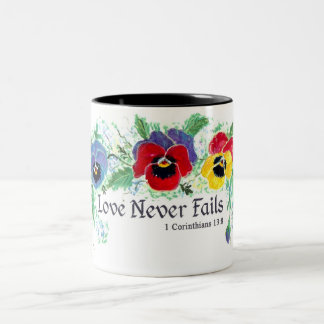 Liefde mislukt nooit (pansies) tweekleurige koffiemok