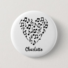 Liefde Muziek Hart van Muzieknoten met Naam Ronde Button 5,7 Cm