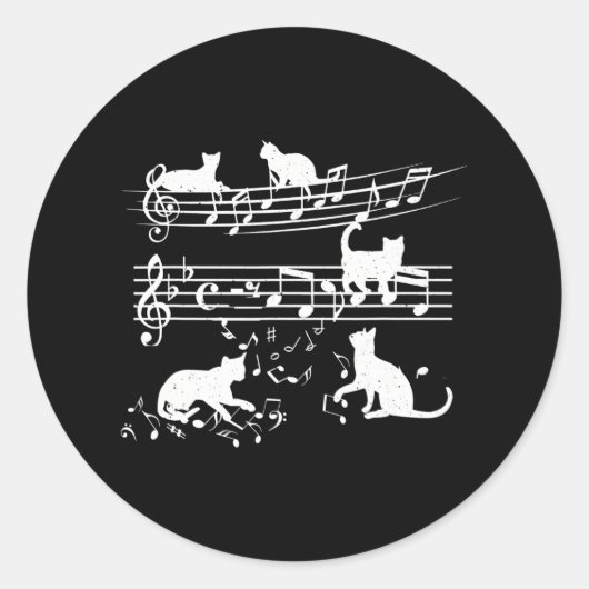 Liefde Muziek Piano Kat Spelen Op Muzieknoten Ronde Sticker (Voorkant)