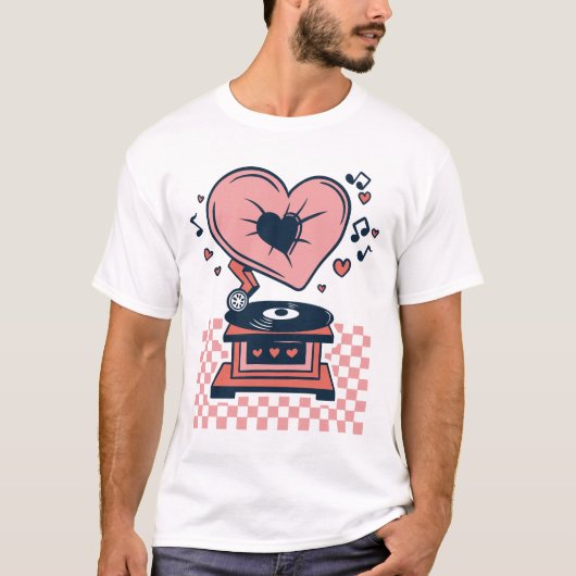 Liefde Muziek, Record Player, Valentin T-shirt (Voorkant)