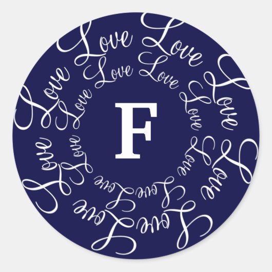Liefde Navy Blauw Wit Monogram F-Aanpassen Ronde Sticker (Voorkant)